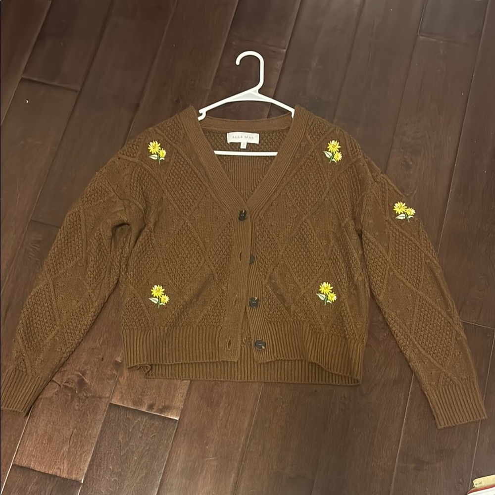 Brown Cardigan Sweater with Floral Embroidery